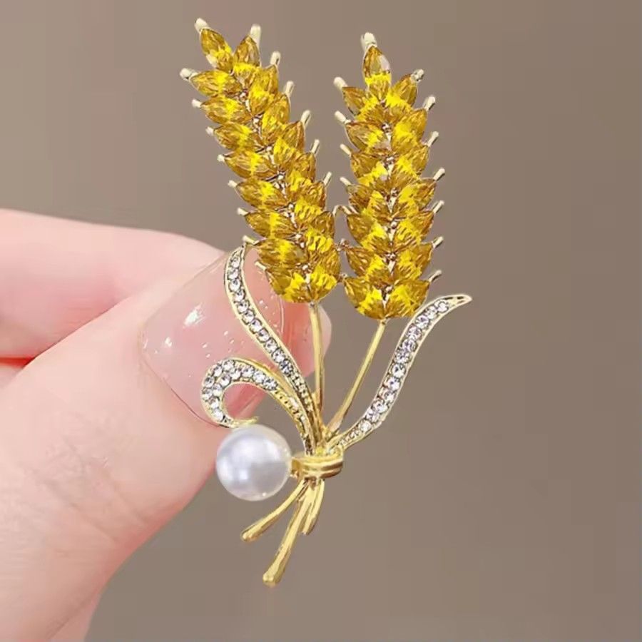 Trendy Crystal Ear of Wheat Brooches for Women Luxury Rhinestones Camellia Flower Pins Shirt Dress Accessories Casual Jewelry A-2058
