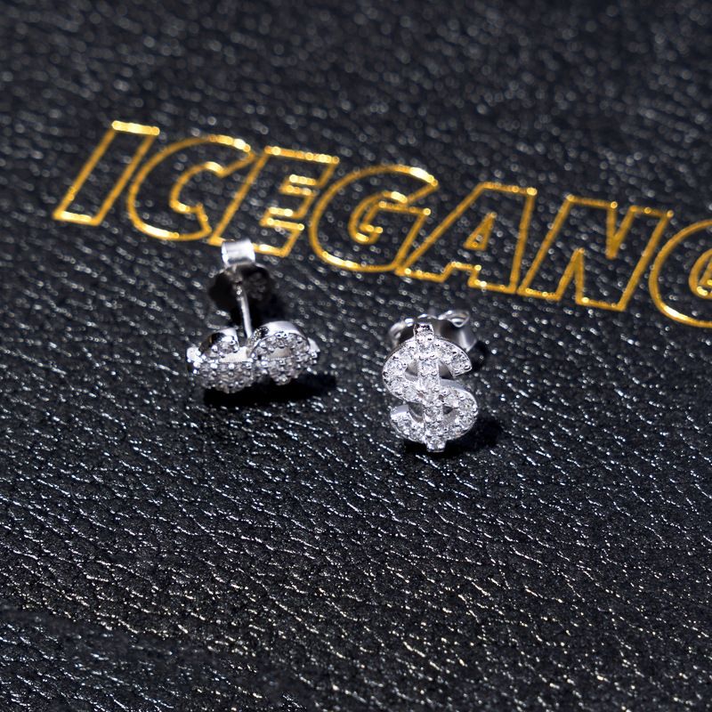 New Full Zirconia Gothic Earrings With Dollar Shape For Women And Men, High-end Hip-hop Fashion Nut Earrings,Jewelry Gift For