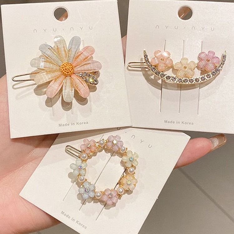 4pcs Imitation Diamond Pearl Fork for Girl, Bright Flower Side Pins, Heart Hair Clips, Cute Accessories A-2145