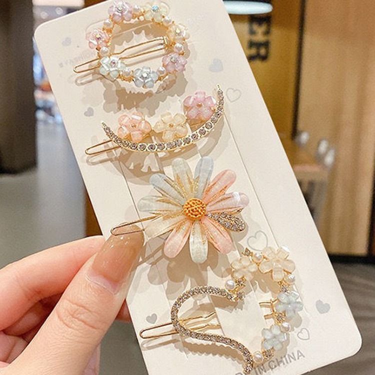 4pcs Imitation Diamond Pearl Fork for Girl, Bright Flower Side Pins, Heart Hair Clips, Cute Accessories A-2145