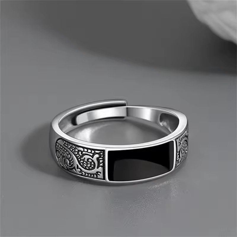 1pc Fashionable 925 Sterling Silver Ring for Men, Black Rectangular Jewelry, Retro Dragon Design Ring Adjustable Opening