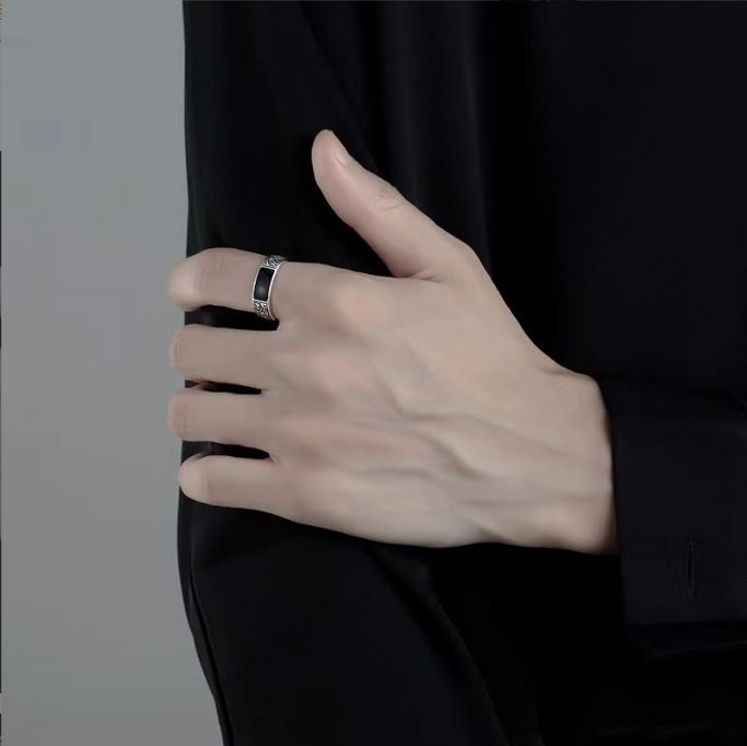 1pc Fashionable 925 Sterling Silver Ring for Men, Black Rectangular Jewelry, Retro Dragon Design Ring Adjustable Opening