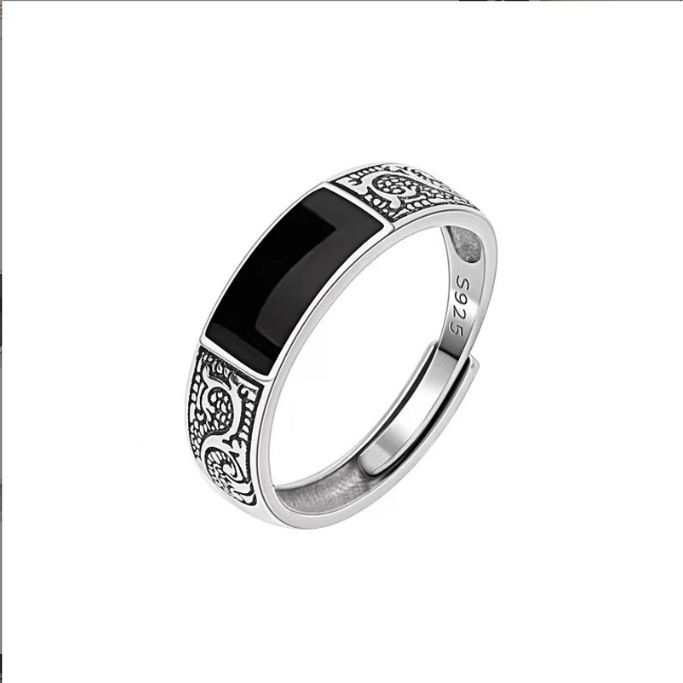 1pc Fashionable 925 Sterling Silver Ring for Men, Black Rectangular Jewelry, Retro Dragon Design Ring Adjustable Opening
