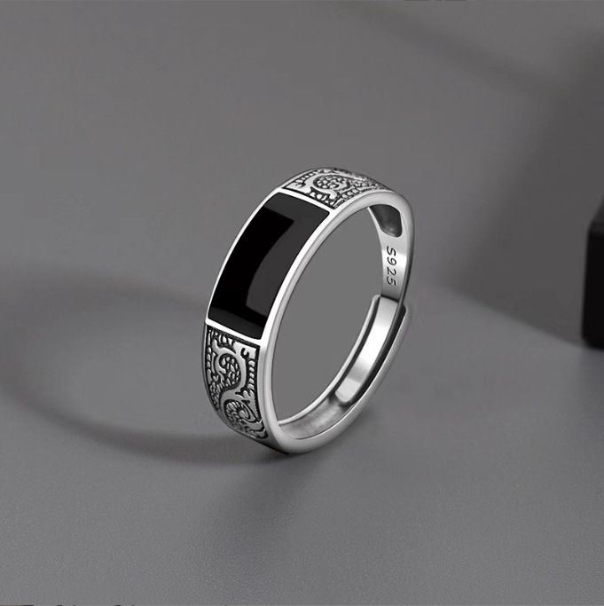 1pc Fashionable 925 Sterling Silver Ring for Men, Black Rectangular Jewelry, Retro Dragon Design Ring Adjustable Opening