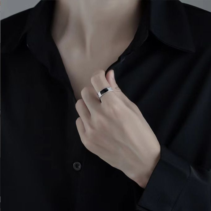 1pc Fashionable 925 Sterling Silver Ring for Men, Black Rectangular Jewelry, Retro Dragon Design Ring Adjustable Opening
