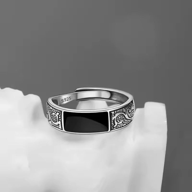 1pc Fashionable 925 Sterling Silver Ring for Men, Black Rectangular Jewelry, Retro Dragon Design Ring Adjustable Opening
