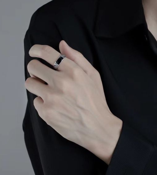 1pc Fashionable 925 Sterling Silver Ring for Men, Black Rectangular Jewelry, Retro Dragon Design Ring Adjustable Opening