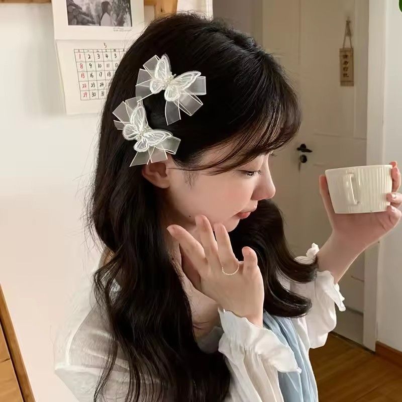 5pcs White Transparent Lace Butterfly Hair Clips For Women, Butterfly Forks With Beautiful Pearls, Hair Accessories For Girls