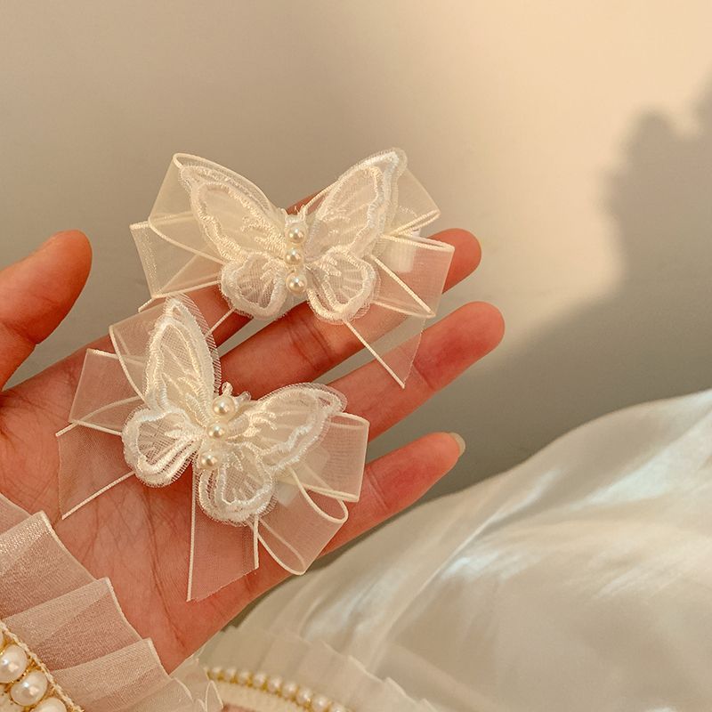 5pcs White Transparent Lace Butterfly Hair Clips For Women, Butterfly Forks With Beautiful Pearls, Hair Accessories For Girls
