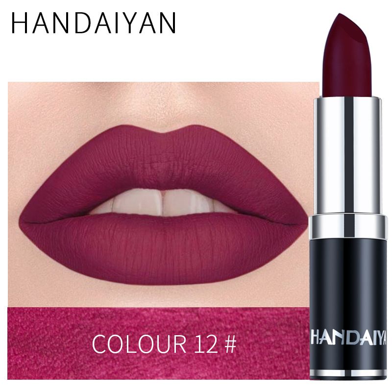 1pc HANDAIYAN 12 Colors Matte Velvet Lipstick Waterproof Long Lasting Non-stick Cup Don't Drop Color Lipstick
