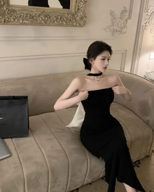 Black Sexy Birthday Party Dress with Lace-up Back-Free Strapless Sleeveless One Shoulder Midi Skirt with Empire Waist