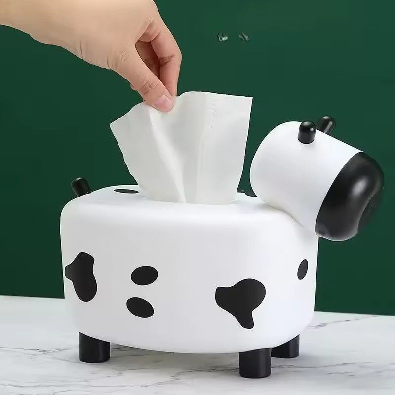 2 In 1 Tissue Box Holder With Toothpick Dispenser Cow Shaped Desktop Paper Organizer Napkin Storage Box Home Decoration