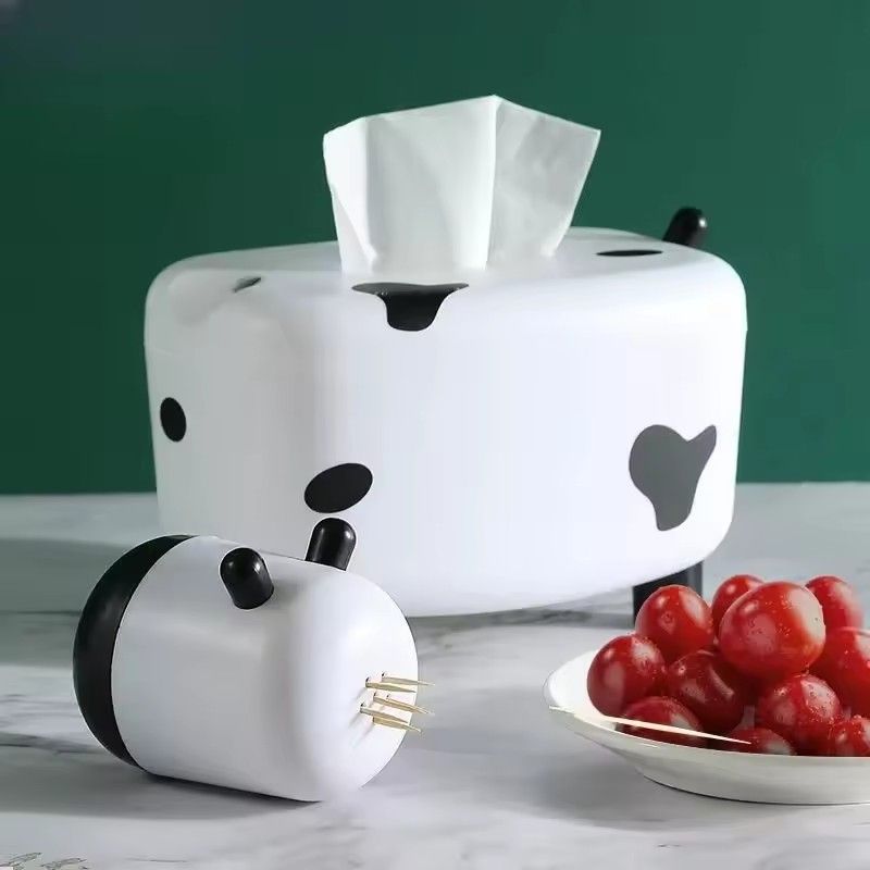 2 In 1 Tissue Box Holder With Toothpick Dispenser Cow Shaped Desktop Paper Organizer Napkin Storage Box Home Decoration