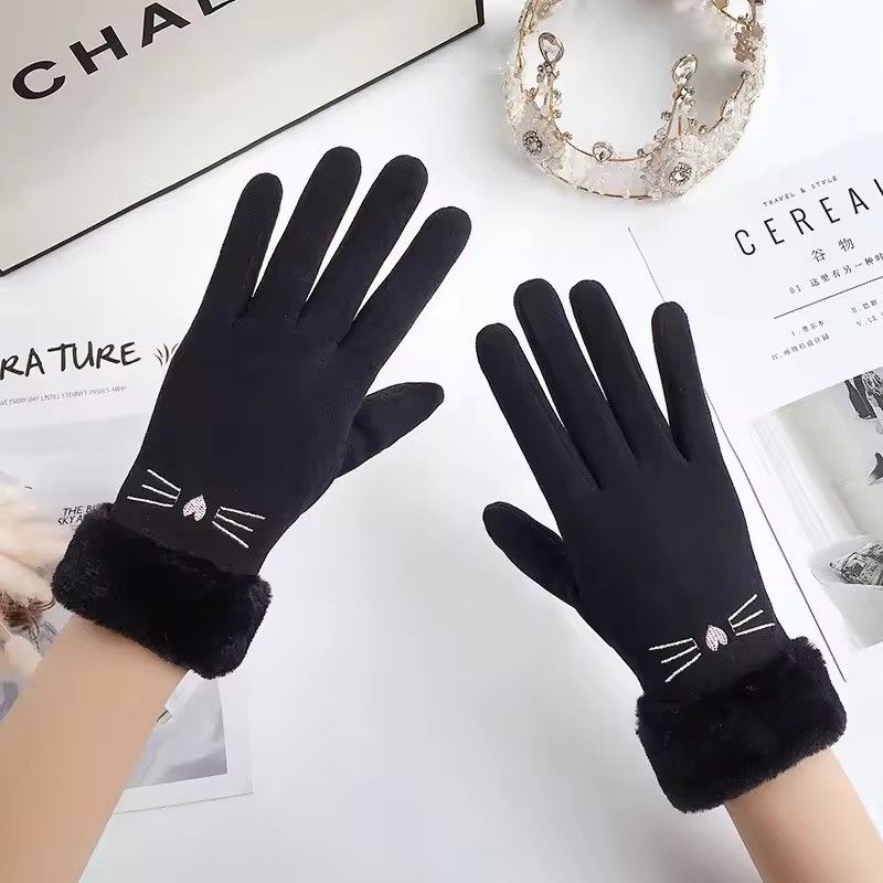 Winter Women's Cashmere Warm Suede Bicycle Gloves, Regular Thick Velvet Plush Wrist, Women's Touch Screen Driving Gloves