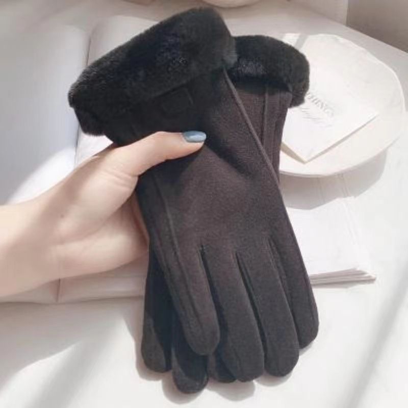 Winter Women's Cashmere Warm Suede Bicycle Gloves, Regular Thick Velvet Plush Wrist, Women's Touch Screen Driving Gloves