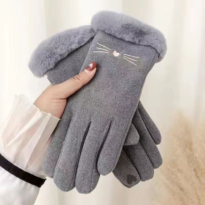 Winter Women's Cashmere Warm Suede Bicycle Gloves, Regular Thick Velvet Plush Wrist, Women's Touch Screen Driving Gloves