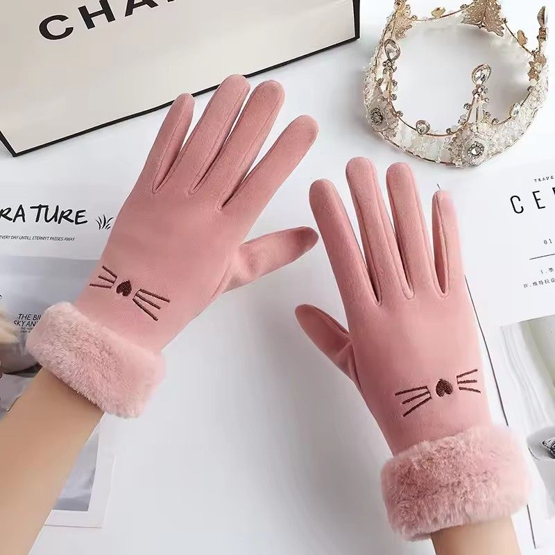 Winter Women's Cashmere Warm Suede Bicycle Gloves, Regular Thick Velvet Plush Wrist, Women's Touch Screen Driving Gloves