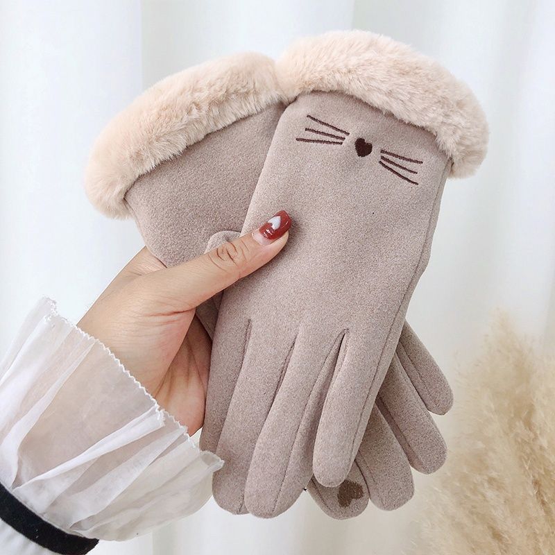 Winter Women's Cashmere Warm Suede Bicycle Gloves, Regular Thick Velvet Plush Wrist, Women's Touch Screen Driving Gloves