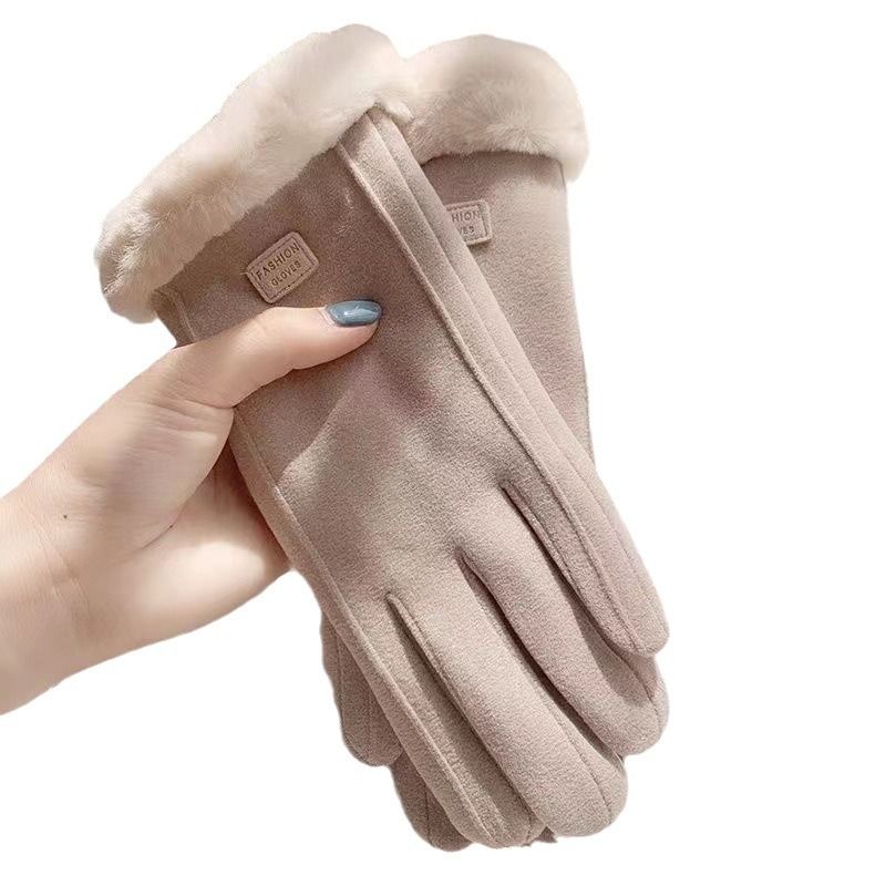 Winter Women's Cashmere Warm Suede Bicycle Gloves, Regular Thick Velvet Plush Wrist, Women's Touch Screen Driving Gloves