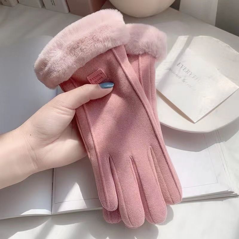 Winter Women's Cashmere Warm Suede Bicycle Gloves, Regular Thick Velvet Plush Wrist, Women's Touch Screen Driving Gloves