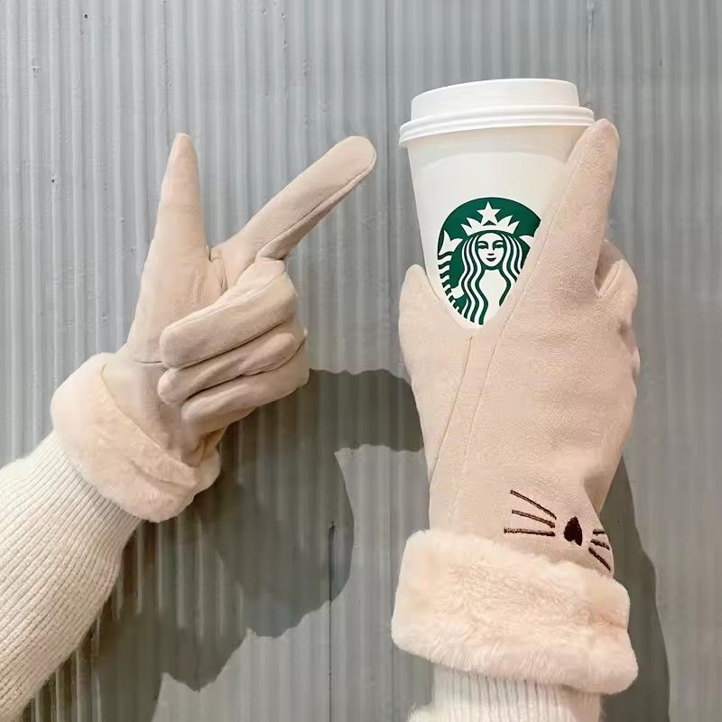 Winter Women's Cashmere Warm Suede Bicycle Gloves, Regular Thick Velvet Plush Wrist, Women's Touch Screen Driving Gloves