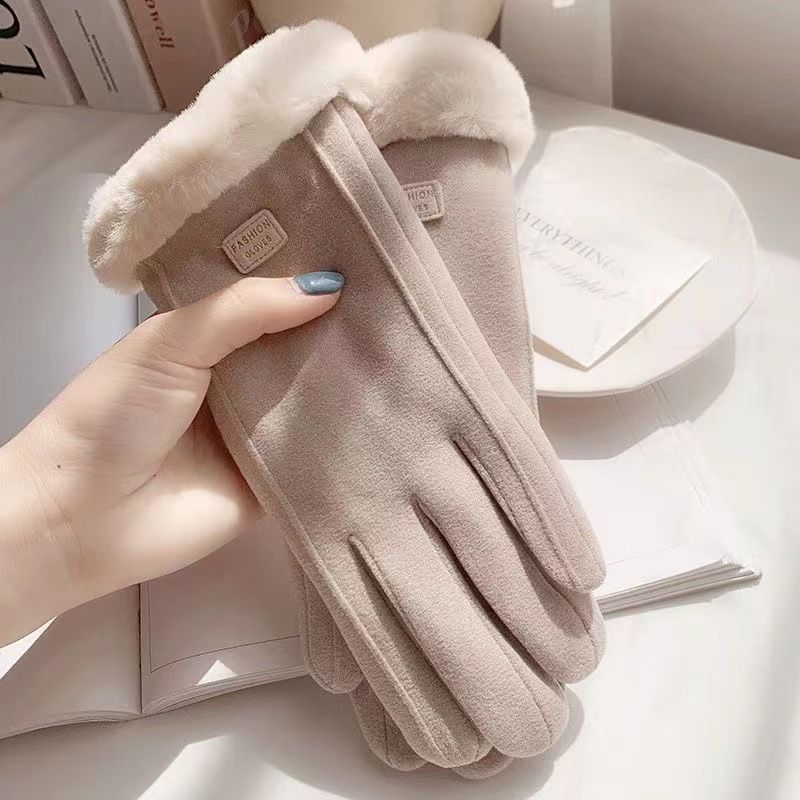 Winter Women's Cashmere Warm Suede Bicycle Gloves, Regular Thick Velvet Plush Wrist, Women's Touch Screen Driving Gloves