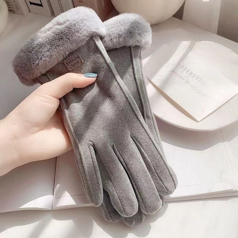 Winter Women's Cashmere Warm Suede Bicycle Gloves, Regular Thick Velvet Plush Wrist, Women's Touch Screen Driving Gloves
