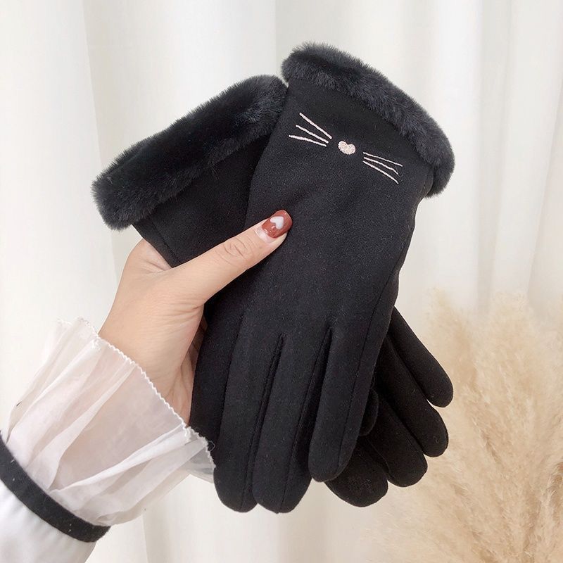 Winter Women's Cashmere Warm Suede Bicycle Gloves, Regular Thick Velvet Plush Wrist, Women's Touch Screen Driving Gloves