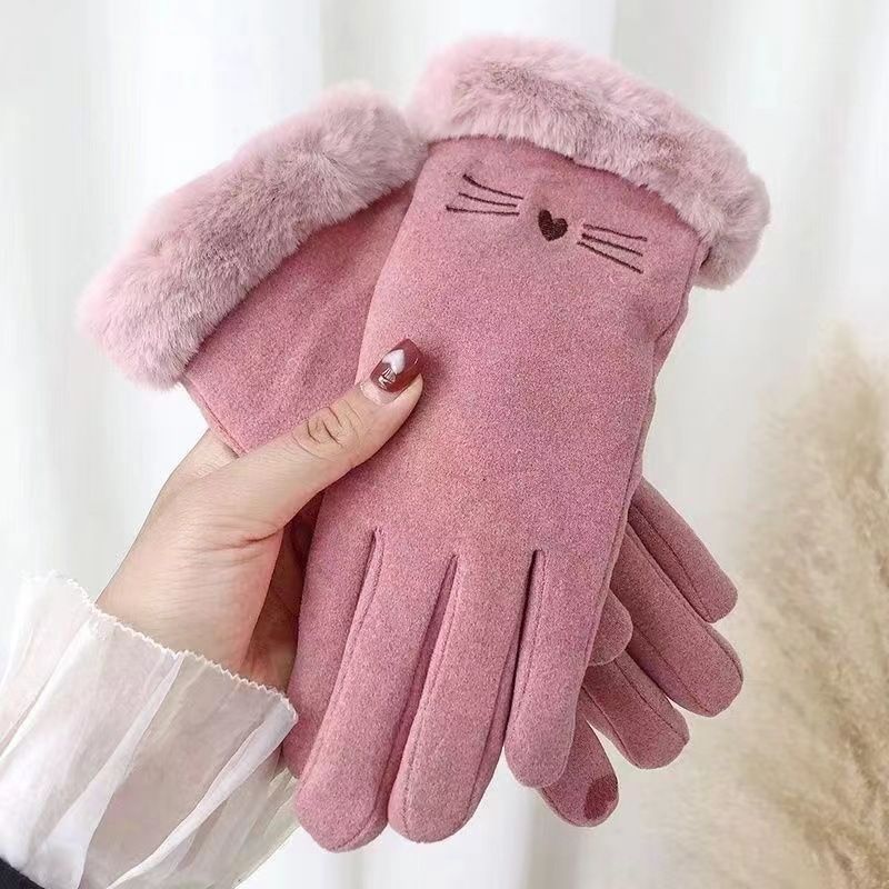 Winter Women's Cashmere Warm Suede Bicycle Gloves, Regular Thick Velvet Plush Wrist, Women's Touch Screen Driving Gloves