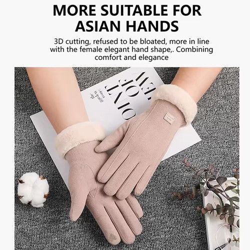 Winter Female Cashmere Warm Suede Leather Cycling Mittens Double Thick Velvet Plush Wrist Women Touch Screen Driving Gloves