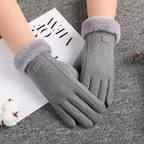 Winter Female Cashmere Warm Suede Leather Cycling Mittens Double Thick Velvet Plush Wrist Women Touch Screen Driving Gloves
