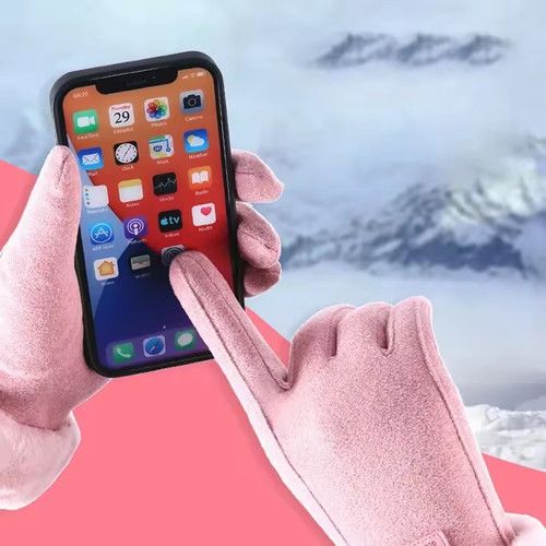 Winter Female Cashmere Warm Suede Leather Cycling Mittens Double Thick Velvet Plush Wrist Women Touch Screen Driving Gloves
