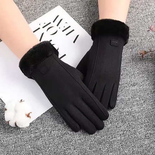 Winter Female Cashmere Warm Suede Leather Cycling Mittens Double Thick Velvet Plush Wrist Women Touch Screen Driving Gloves