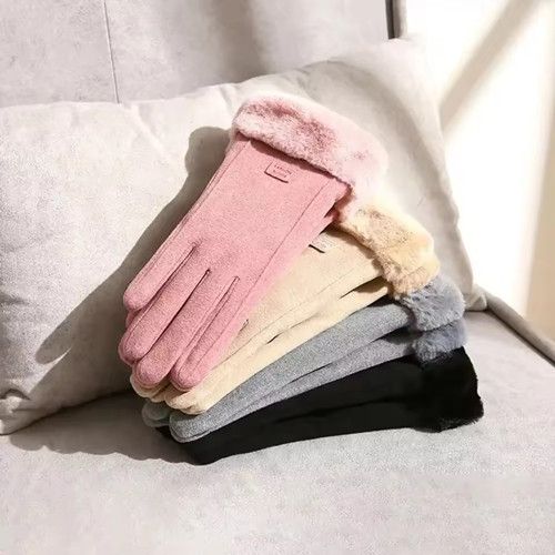 Winter Female Cashmere Warm Suede Leather Cycling Mittens Double Thick Velvet Plush Wrist Women Touch Screen Driving Gloves