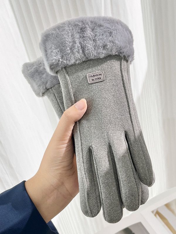 Winter Female Cashmere Warm Suede Leather Cycling Mittens Double Thick Velvet Plush Wrist Women Touch Screen Driving Gloves