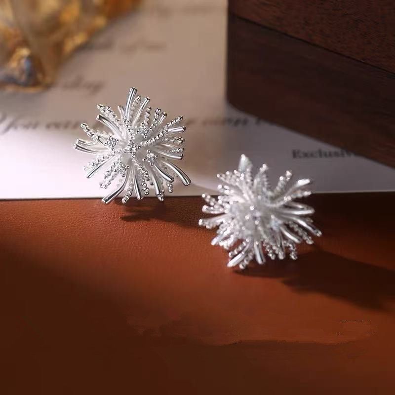 Real 925 Sterling Silver Shiny Zircon Fireworks Stud Earrings For Women Romantic Fine Jewelry Light Luxury Accessories