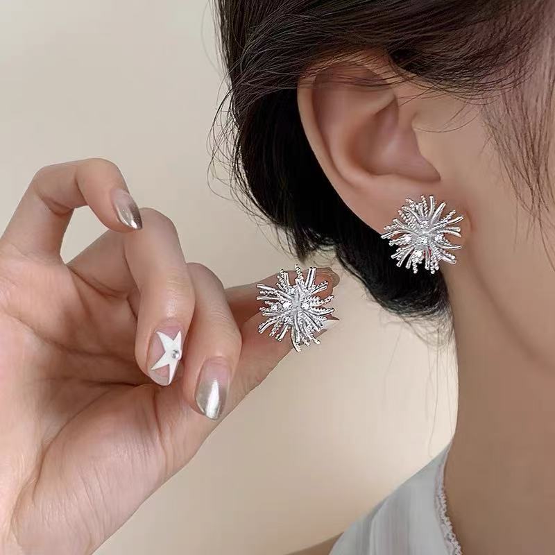 Real 925 Sterling Silver Shiny Zircon Fireworks Stud Earrings For Women Romantic Fine Jewelry Light Luxury Accessories