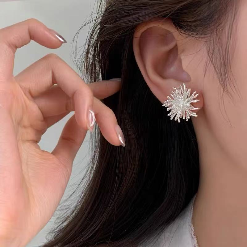 Real 925 Sterling Silver Shiny Zircon Fireworks Stud Earrings For Women Romantic Fine Jewelry Light Luxury Accessories