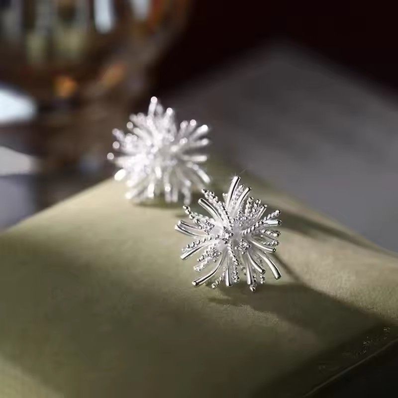 Real 925 Sterling Silver Shiny Zircon Fireworks Stud Earrings For Women Romantic Fine Jewelry Light Luxury Accessories
