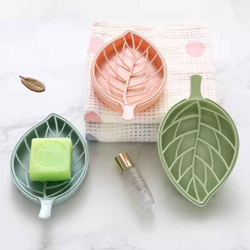 3PCS Concise Design Green Leaf Shape Soap Dish Tray Creative Plant Plastic Soap Saver Holder Household Bathroom Washing Supplies