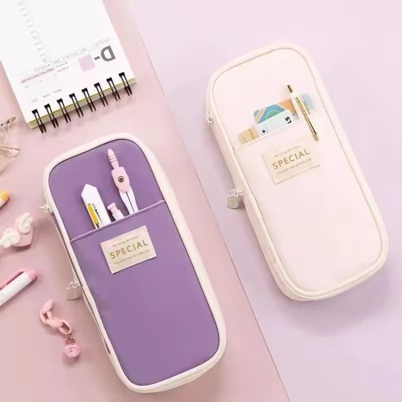1PC Macaron Color Canvas Stationery Bag Simple Dual Zipper Student Expandable Pen Case Multi-Functional Retractable Pencil Bag