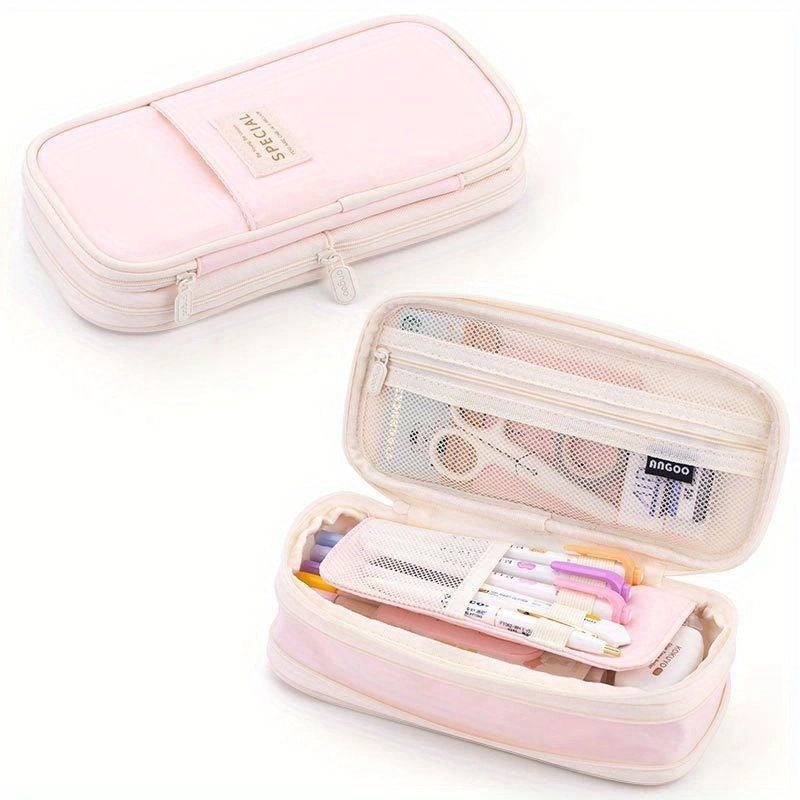 1PC Macaron Color Canvas Stationery Bag Simple Dual Zipper Student Expandable Pen Case Multi-Functional Retractable Pencil Bag