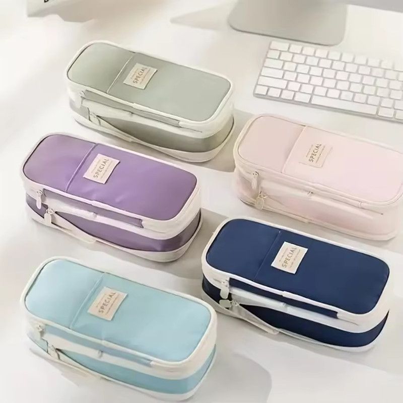 1PC Macaron Color Canvas Stationery Bag Simple Dual Zipper Student Expandable Pen Case Multi-Functional Retractable Pencil Bag