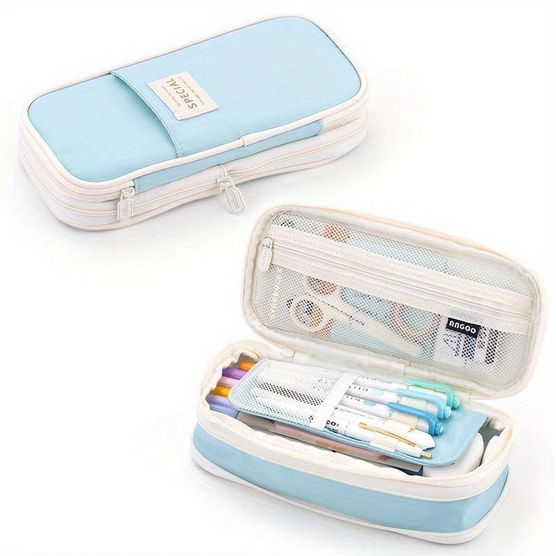 1PC Macaron Color Canvas Stationery Bag Simple Dual Zipper Student Expandable Pen Case Multi-Functional Retractable Pencil Bag