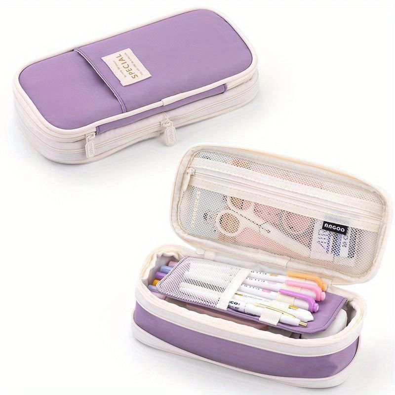 1PC Macaron Color Canvas Stationery Bag Simple Dual Zipper Student Expandable Pen Case Multi-Functional Retractable Pencil Bag