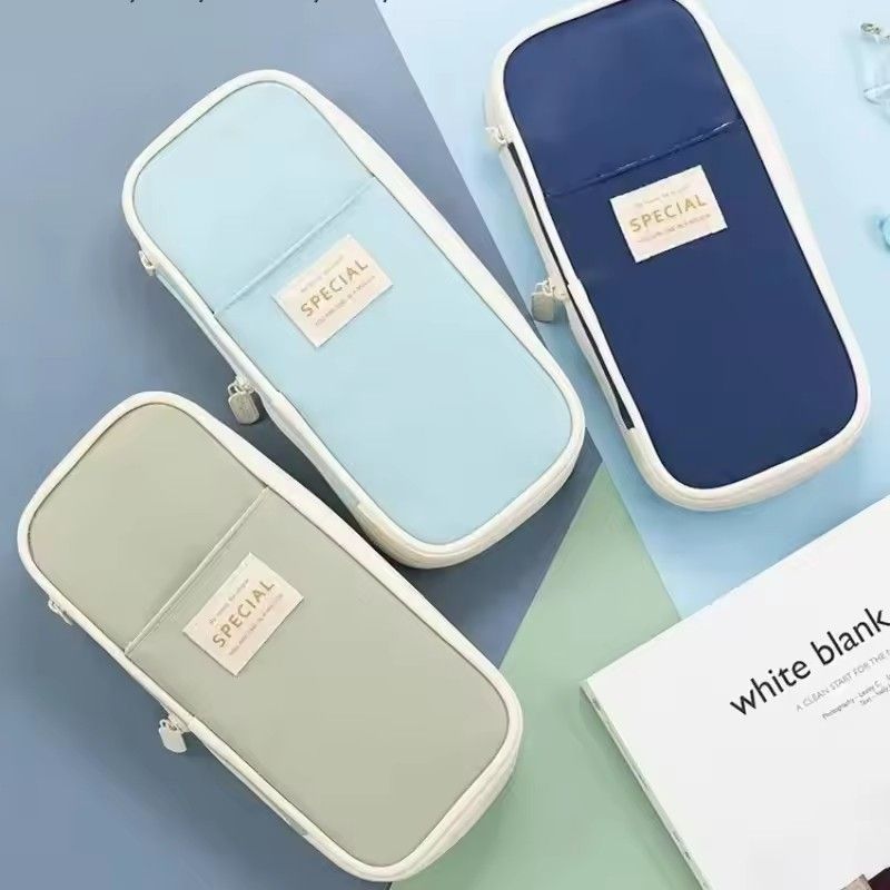 1PC Macaron Color Canvas Stationery Bag Simple Dual Zipper Student Expandable Pen Case Multi-Functional Retractable Pencil Bag