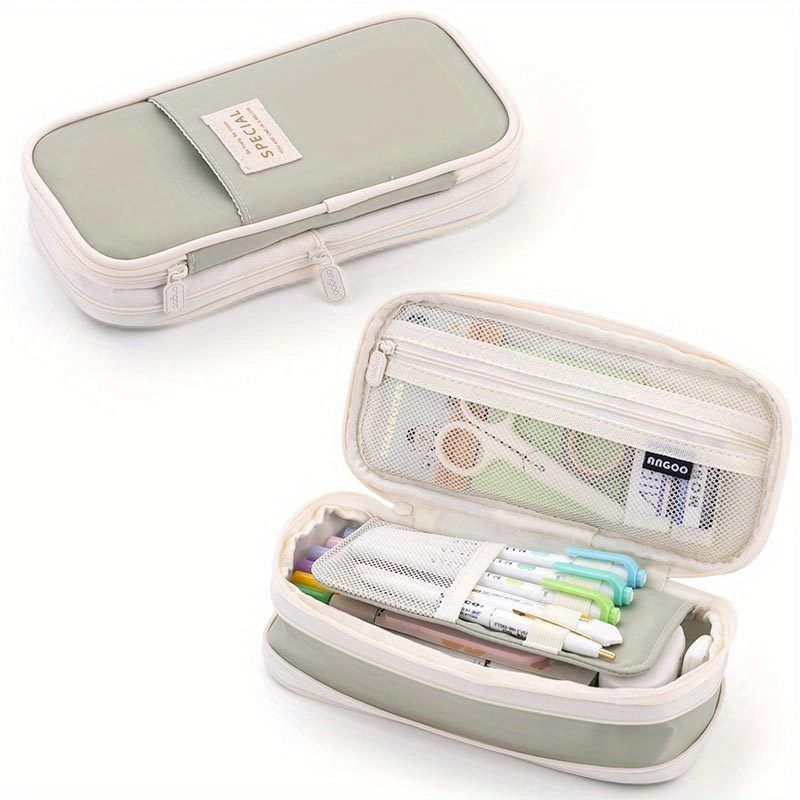1PC Macaron Color Canvas Stationery Bag Simple Dual Zipper Student Expandable Pen Case Multi-Functional Retractable Pencil Bag