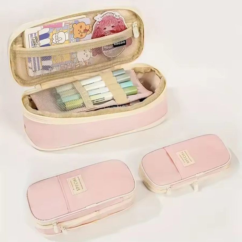 1PC Macaron Color Canvas Stationery Bag Simple Dual Zipper Student Expandable Pen Case Multi-Functional Retractable Pencil Bag