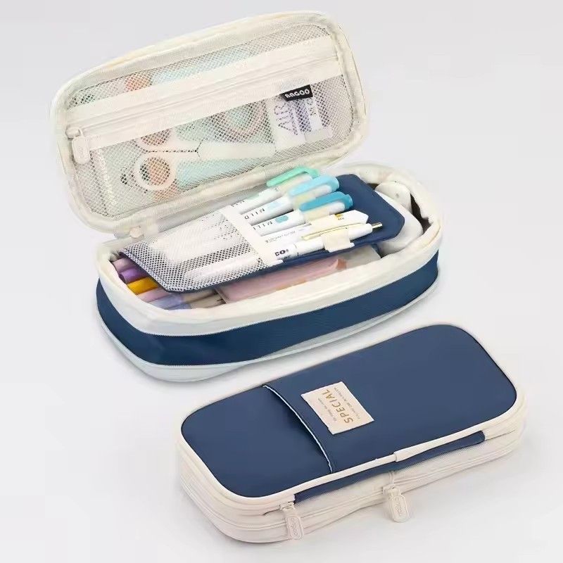 1PC Macaron Color Canvas Stationery Bag Simple Dual Zipper Student Expandable Pen Case Multi-Functional Retractable Pencil Bag