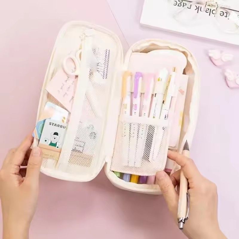 1PC Macaron Color Canvas Stationery Bag Simple Dual Zipper Student Expandable Pen Case Multi-Functional Retractable Pencil Bag